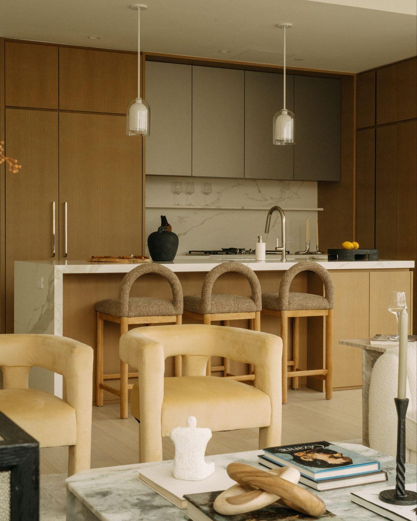 Kitchen and dining at 200 East 20th Street staged by Stage One